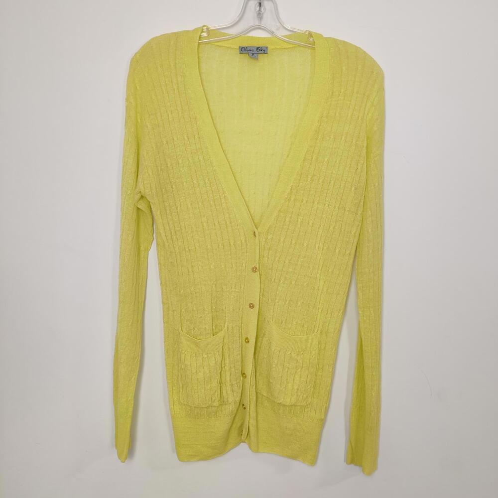 Olivia Sky Women's Button Down Lightweight Cardigan Size Medium Lime Green Linen
